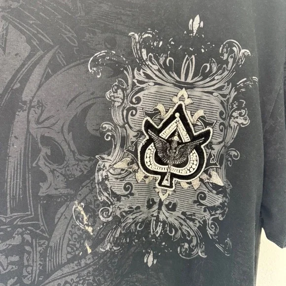 Mens Black Ace Skull Raw Blue Graphic T Shirt Lord Raiser Rhinestone Embellished - Picture 2 of 6